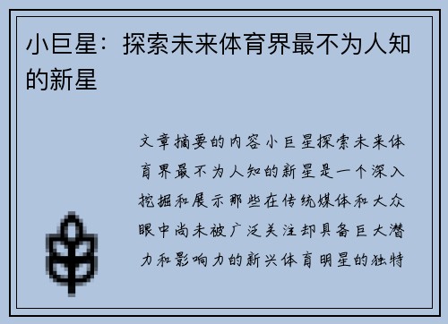 小巨星：探索未来体育界最不为人知的新星