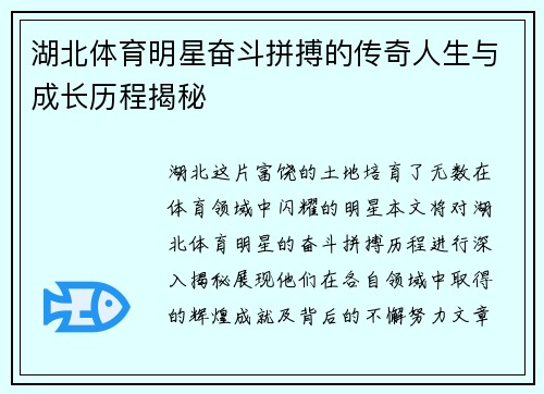 湖北体育明星奋斗拼搏的传奇人生与成长历程揭秘