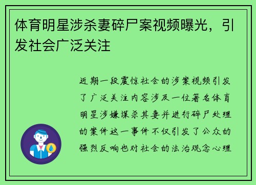 体育明星涉杀妻碎尸案视频曝光，引发社会广泛关注
